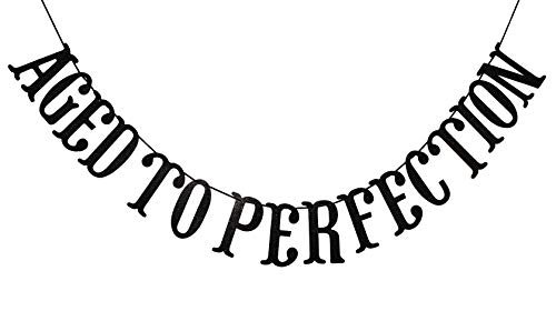 Qttier Aged to Perfection Banner for 50th 60th 70th 80th 90th 100th Birthday Anniversary Party Decorations Assembled Supplies Decor Favors Bunting Photo Booth Props Sign (Black Glitter)