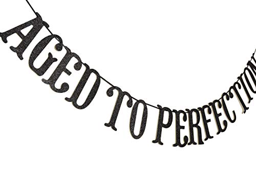 Qttier Aged to Perfection Banner for 50th 60th 70th 80th 90th 100th Birthday Anniversary Party Decorations Assembled Supplies Decor Favors Bunting Photo Booth Props Sign (Black Glitter)