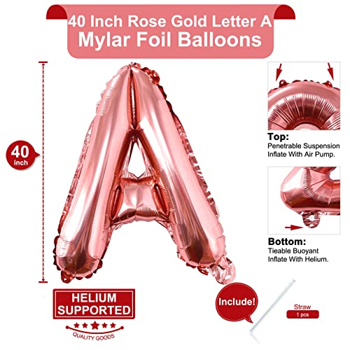 Lovoir 40 Inch Large Rose Gold Letter A Balloons Big Size Jumbo Mylar Foil Helium Balloon for Birthday Party Celebration Decorations Alphabet Rose Gold A