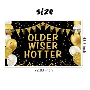 Older Wiser Hotter Banner Funny Birthday Decorations for Women Men, Black and Gold Funny Happy Bday Backdrop Party Supplies for Adult, 21st 30th 40th 50th 60th 70th 80th Background Poster Decor