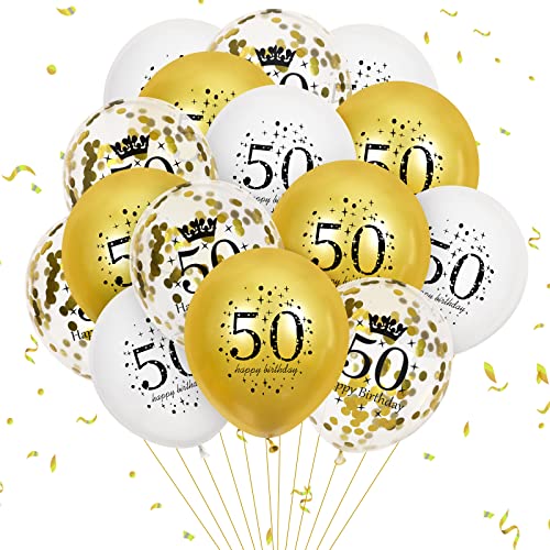 50th Latex Birthday Balloons, 15Pcs White Gold Happy 50th Birthday Balloons, White Gold 50th Birthday Party Decorations Balloons for Men Women 50th Birthday, Anniversary Decor