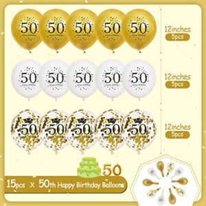 50th Latex Birthday Balloons, 15Pcs White Gold Happy 50th Birthday Balloons, White Gold 50th Birthday Party Decorations Balloons for Men Women 50th Birthday, Anniversary Decor