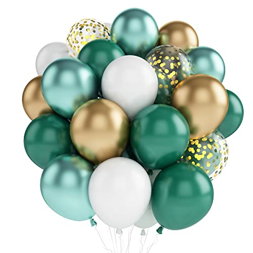 Metallic Green Gold Balloons, 60 Packs 12 Inch Dark Green White Gold Latex Balloons with Ribbons for Wedding, Anniversary, Birthday, Baby Shower, Jungle Sarfari Party