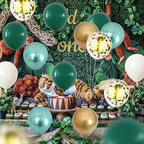 Metallic Green Gold Balloons, 60 Packs 12 Inch Dark Green White Gold Latex Balloons with Ribbons for Wedding, Anniversary, Birthday, Baby Shower, Jungle Sarfari Party