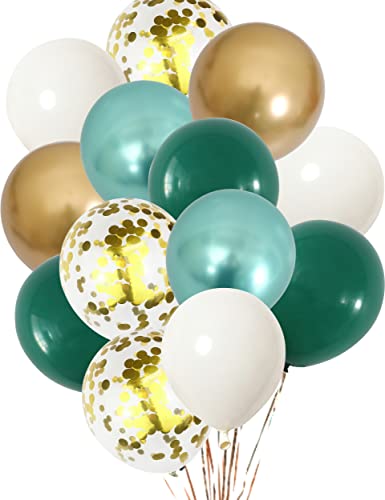 Metallic Green Gold Balloons, 60 Packs 12 Inch Dark Green White Gold Latex Balloons with Ribbons for Wedding, Anniversary, Birthday, Baby Shower, Jungle Sarfari Party