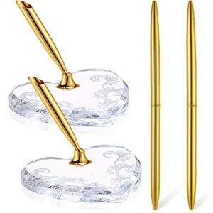 outus 2 pieces acrylic heart pen holder signing pen set hollow round pen holder stand for wedding bridal engagement guests book graduation ceremony valentine’s day favor (gold heart style)