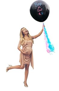 xl gender reveal party balloon pop – blue & pink confetti gender reveal kit – black balloon gender reveal with tassels – boy or girl baby gender reveal balloon kit by jolly jon