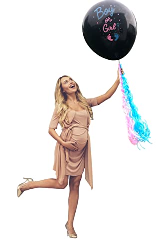 XL Gender Reveal Party Balloon Pop - Blue & Pink Confetti Gender Reveal Kit - Black Balloon Gender Reveal with Tassels - Boy or Girl Baby Gender Reveal Balloon Kit by Jolly Jon