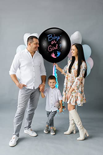 XL Gender Reveal Party Balloon Pop - Blue & Pink Confetti Gender Reveal Kit - Black Balloon Gender Reveal with Tassels - Boy or Girl Baby Gender Reveal Balloon Kit by Jolly Jon