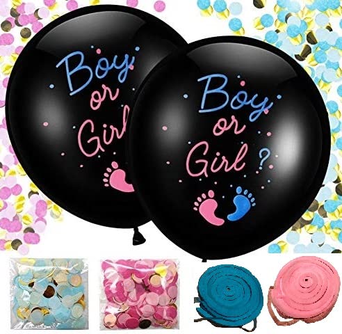 XL Gender Reveal Party Balloon Pop - Blue & Pink Confetti Gender Reveal Kit - Black Balloon Gender Reveal with Tassels - Boy or Girl Baby Gender Reveal Balloon Kit by Jolly Jon