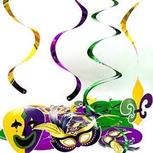 Mardi Gras Decorations, Mardi Gras Decor Ceiling Hanging Swirls, Gold Green Purple Masquerade Masks Crown Mask Foil Hanging Swirls, New Orleans/Birthday/Mardi Gras Theme Party Decor Supplies