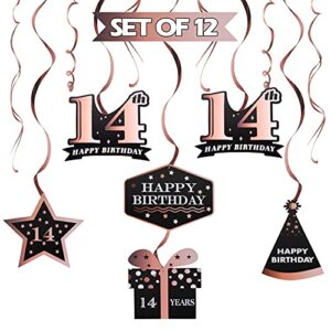lingteer happy 14th birthday rose gold swirls streamers – cheers to 14th birthday fourteen years old bday party hanging decorations.
