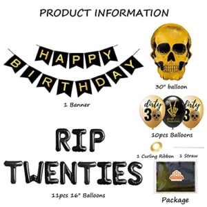 Geloar RIP TWENTIES 30th Birthday Party Supplies, RIP TWENTIES Balloons Happy Birthday Banner for Death to My Twenties 20s RIP Youth Men Women Dirty 30 Funny 30th Bday Decorations Set of 25 PCS