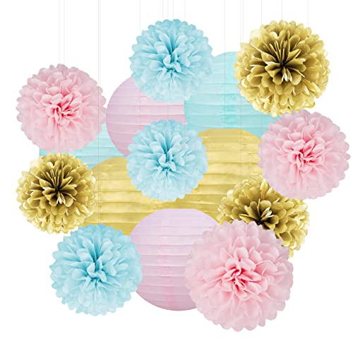 Gender Reveal Decorations Blue Pink - 15pcs Tissue Paper Flowers Pom Poms Lanterns Baby Gender Reveal Party Supplies Gender Reveal Theme Decor Gold Birthday Hanging Decor Ideas