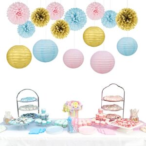 Gender Reveal Decorations Blue Pink - 15pcs Tissue Paper Flowers Pom Poms Lanterns Baby Gender Reveal Party Supplies Gender Reveal Theme Decor Gold Birthday Hanging Decor Ideas