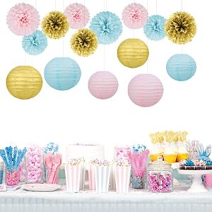 Gender Reveal Decorations Blue Pink - 15pcs Tissue Paper Flowers Pom Poms Lanterns Baby Gender Reveal Party Supplies Gender Reveal Theme Decor Gold Birthday Hanging Decor Ideas