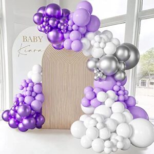 105pcs purple silver white balloon garland, different size metallic purple and sliver balloons arch kit light pastel purple birthday balloon for wedding engagement birthday party decorations