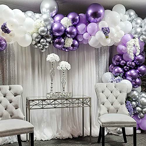 105pcs Purple Silver White Balloon Garland, Different Size Metallic Purple and Sliver Balloons Arch Kit Light Pastel Purple Birthday Balloon for Wedding Engagement Birthday Party Decorations