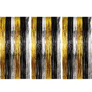 sumind 3 pack metallic tinsel curtains, foil fringe shimmer curtain door window decoration for birthday wedding party (gold, silver with black)