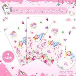 3 Pack Unicorn Tablecloth 108 x 54 Inch Unicorn Table Cover Plastic Disposable Unicorn Themed Table Cloths Birthday Party Decorations Magical Unicorn Birthday Party Supplies for Girls and Baby Shower