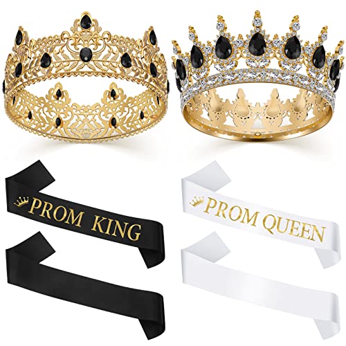 6 Pieces Gold Prom King and Queen Tiara Crowns Prom King and Queen Royal Crowns and Satin Sash Rhinestone Tiara Crowns for Prom Birthday Party Costume Accessories Royal Crowns (Cool Style)