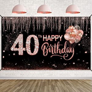 happy 40th birthday banner decorations for women, rose gold 40 year old birthday backdrop sign party supplies, large happy forty birthday photo booth props background for outdoor indoor