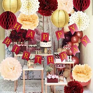 Burgundy Gold Birthday Party Decorations for Women Burgundy Gold HAPPY BIRTHDAY Banner Polka Dot Fans for Fall Burgundy Birthday Party Supplies/30th/40th/50th Birthday Decorations Autumn