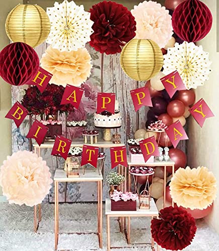 Burgundy Gold Birthday Party Decorations for Women Burgundy Gold HAPPY BIRTHDAY Banner Polka Dot Fans for Fall Burgundy Birthday Party Supplies/30th/40th/50th Birthday Decorations Autumn