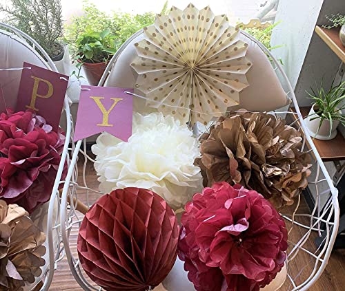 Burgundy Gold Birthday Party Decorations for Women Burgundy Gold HAPPY BIRTHDAY Banner Polka Dot Fans for Fall Burgundy Birthday Party Supplies/30th/40th/50th Birthday Decorations Autumn