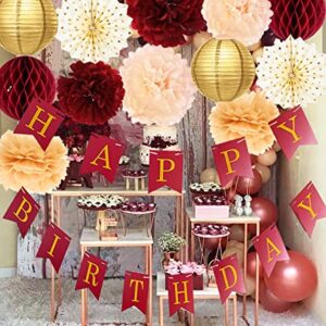 Burgundy Gold Birthday Party Decorations for Women Burgundy Gold HAPPY BIRTHDAY Banner Polka Dot Fans for Fall Burgundy Birthday Party Supplies/30th/40th/50th Birthday Decorations Autumn