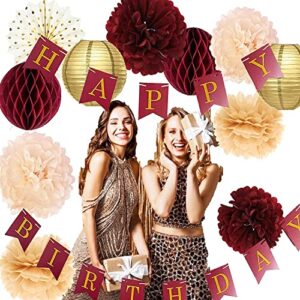 Burgundy Gold Birthday Party Decorations for Women Burgundy Gold HAPPY BIRTHDAY Banner Polka Dot Fans for Fall Burgundy Birthday Party Supplies/30th/40th/50th Birthday Decorations Autumn