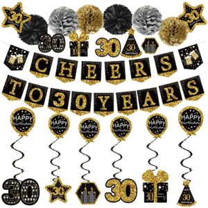 30th birthday decorations for him - (21pack) cheers to 30 years black gold glitter banner for him her, 6 paper Poms, 6 Hanging Swirl, 7 decorations stickers. 30 Years Old Party Supplies gifts for men