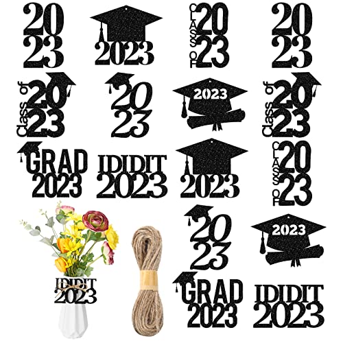 64 Pieces 2023 Graduation Cutouts Centerpieces for Tables 2023 Glitter Centerpiece Sticks Tags Decorations and 10 Yards Burlap Rope 2023 Graduation Picks for Birthday Party Holiday, 8 Styles (Black)