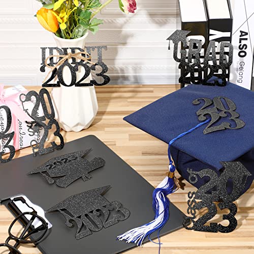 64 Pieces 2023 Graduation Cutouts Centerpieces for Tables 2023 Glitter Centerpiece Sticks Tags Decorations and 10 Yards Burlap Rope 2023 Graduation Picks for Birthday Party Holiday, 8 Styles (Black)