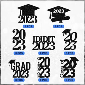 64 Pieces 2023 Graduation Cutouts Centerpieces for Tables 2023 Glitter Centerpiece Sticks Tags Decorations and 10 Yards Burlap Rope 2023 Graduation Picks for Birthday Party Holiday, 8 Styles (Black)