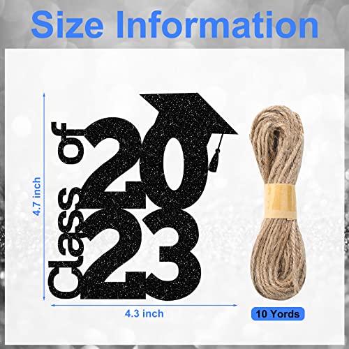 64 Pieces 2023 Graduation Cutouts Centerpieces for Tables 2023 Glitter Centerpiece Sticks Tags Decorations and 10 Yards Burlap Rope 2023 Graduation Picks for Birthday Party Holiday, 8 Styles (Black)