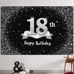 hamigar 6x4ft happy 18th birthday banner backdrop – 18 years old birthday decorations party supplies for girls boys – black silver