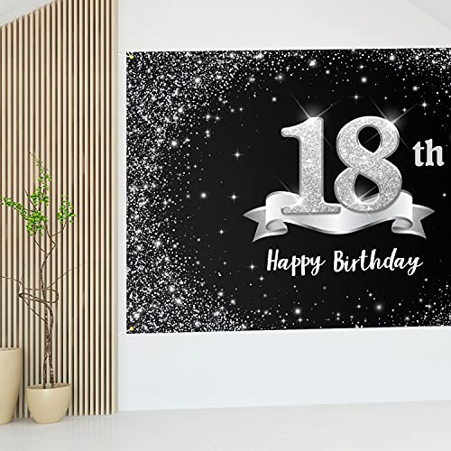 HAMIGAR 6x4ft Happy 18th Birthday Banner Backdrop - 18 Years Old Birthday Decorations Party Supplies for Girls Boys - Black Silver