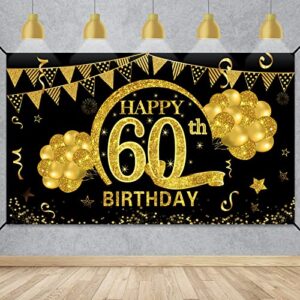 60th Birthday Banner Decorations for Men Women, Black Gold Happy 60 Years Old Birthday Backdrop Party Supplies, Sixty Years old Birthday Photo Booth Decor for Outdoor Indoo​r