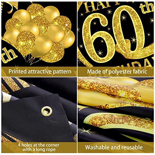 60th Birthday Banner Decorations for Men Women, Black Gold Happy 60 Years Old Birthday Backdrop Party Supplies, Sixty Years old Birthday Photo Booth Decor for Outdoor Indoo​r