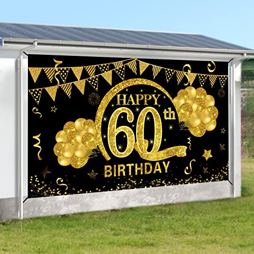 60th Birthday Banner Decorations for Men Women, Black Gold Happy 60 Years Old Birthday Backdrop Party Supplies, Sixty Years old Birthday Photo Booth Decor for Outdoor Indoo​r