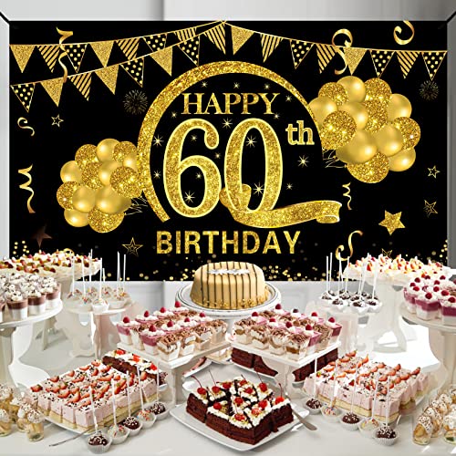 60th Birthday Banner Decorations for Men Women, Black Gold Happy 60 Years Old Birthday Backdrop Party Supplies, Sixty Years old Birthday Photo Booth Decor for Outdoor Indoo​r