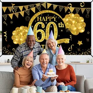 60th Birthday Banner Decorations for Men Women, Black Gold Happy 60 Years Old Birthday Backdrop Party Supplies, Sixty Years old Birthday Photo Booth Decor for Outdoor Indoo​r