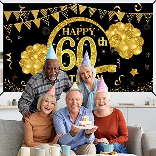 60th Birthday Banner Decorations for Men Women, Black Gold Happy 60 Years Old Birthday Backdrop Party Supplies, Sixty Years old Birthday Photo Booth Decor for Outdoor Indoo​r