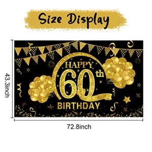 60th Birthday Banner Decorations for Men Women, Black Gold Happy 60 Years Old Birthday Backdrop Party Supplies, Sixty Years old Birthday Photo Booth Decor for Outdoor Indoo​r