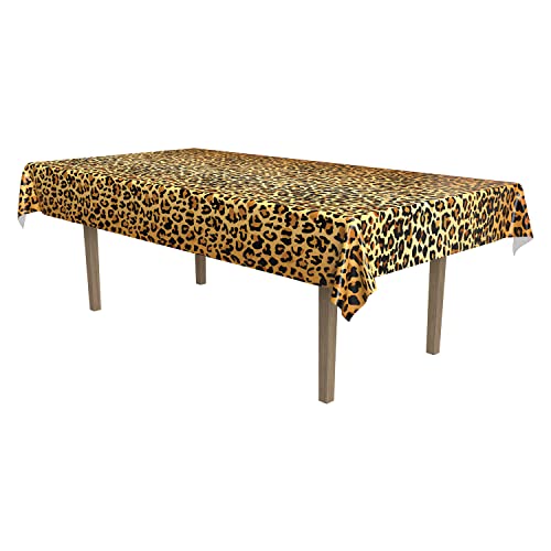 Beistle Plastic Disposable Rectangular Leopard Print Table Cover Jungle Animal Safari Theme Tablecloth, 54" x 108", black/Orange/Yellow