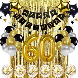 black and gold 60th birthday decorations banner balloon, happy birthday banner, 60th gold foil balloons, number 60 birthday balloons, 60 years old birthday decoration supplies