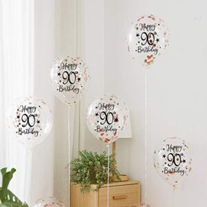 Rose Gold 90th Confetti Latex Balloons, Woman Happy 90 Years Birthday Party Balloon Decoration With Confetti, 12in, 16 Pack