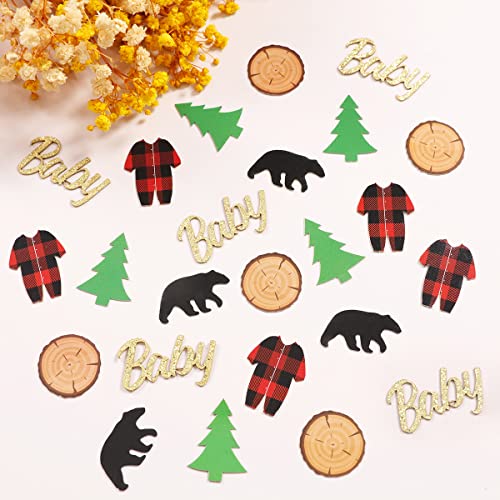 Lumberjack Baby Shower Decorations for Boys, 200 Pcs Lumberjack Confetti Including Glitter Baby Buffalo Plaid Bodysuit Tree Camping Bear Party Supplies