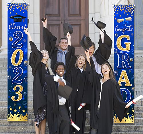 Graduation Banner 2023-Congrats Class of 2023 Porch Sign Banner Decoration,2 Piece Navy Blue Congrats Party Yard Banner Door Hanging Sign for Graduation Party Decorations(Blue)